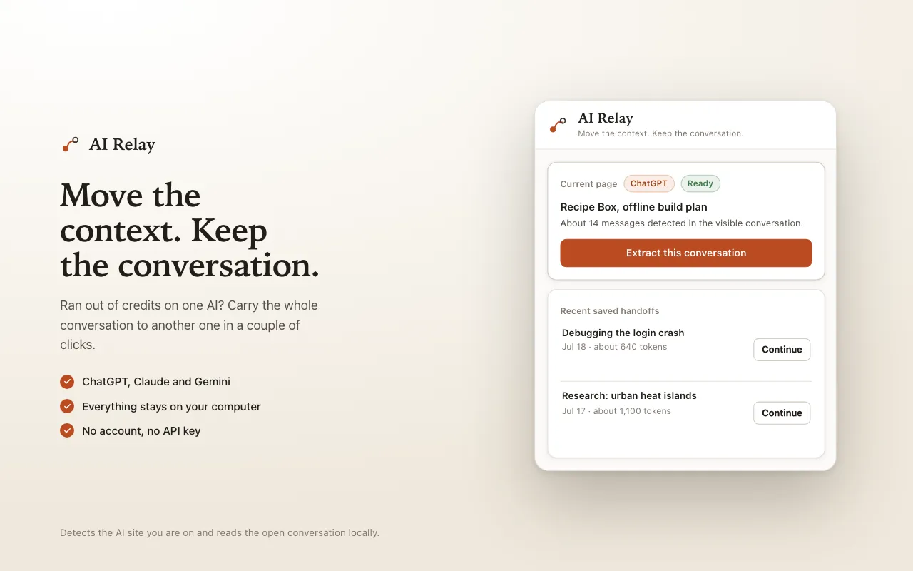 AI-Relay extension popup showing a captured conversation